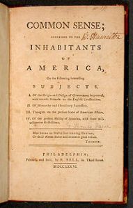 Thomas Paine's pamphlet 'Common Sense' 1775 advocating American independence